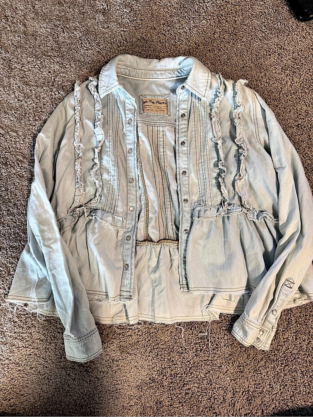 We The Free Distressed Ruffle Denim Jacket in Blue XS